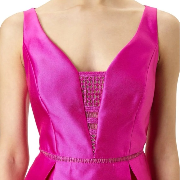 ADRIANNA PAPELL PINK LATTICE LACE TRIM A LINE SLEEVELESS MIDI COCKTAIL DRESS - Picture 2 of 15